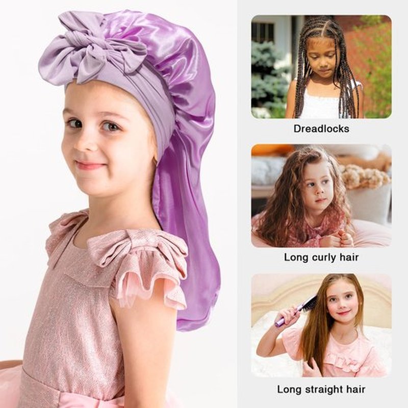Kids Long Hair Bonnet for Sleeping - Double Layer Girls Elastic Satin Bonnet with Tie Band for Braid Curly Hair (Little Purple)