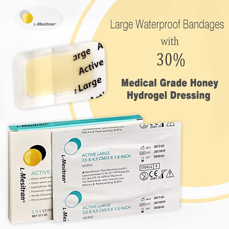 L-Mesitran Medical Grade Honey Bandages - Waterproof Sterile Gauze Pads for Wound Healing | 5 Pack, 30% Honey