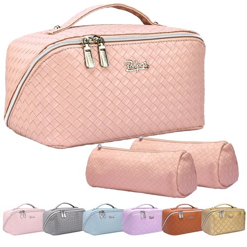 Travel Makeup Bags Cosmetic Organizer Bag: Large Capacity Make up Bag Set of 3 - Vegan Leather Toiletry Bag for Women - Portable Makeup Organizer with Compartments & Handle & Divider (1 Pink)