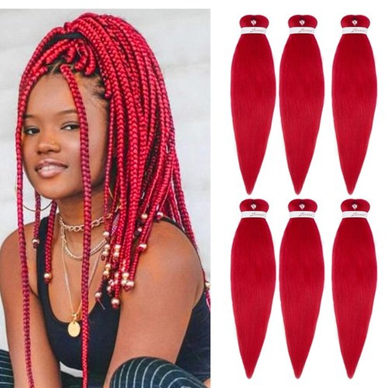 Pre-Stretched Braiding Hair Extensions Hot Water Setting Braiding Hair Easy Braid Crochet Hair Professional Itch Free Synthetic Fiber Soft Yaki Texture Braids hair 26In （4 Bundles,RED)