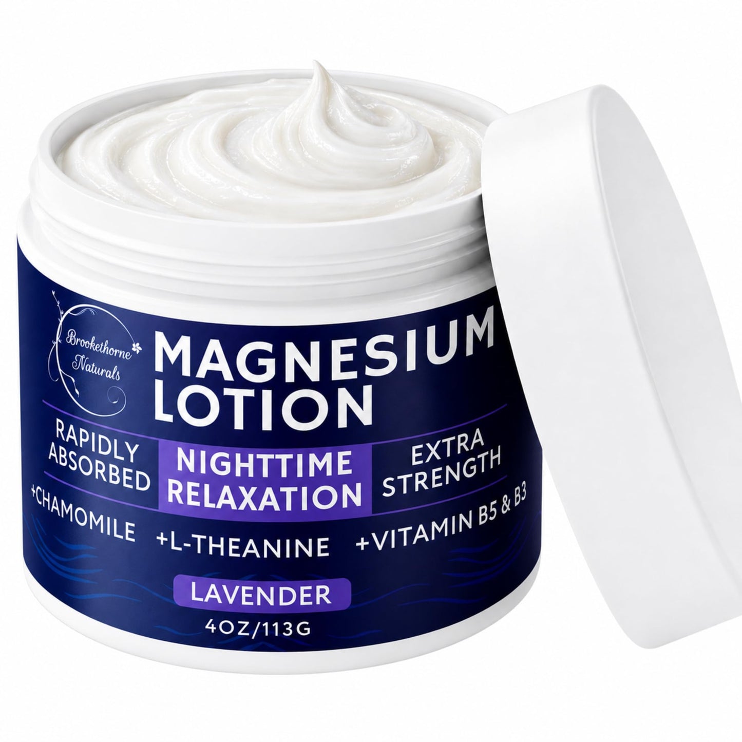 Brookethorne Naturals Nighttime Magnesium Lotion for Sleep | Lavender Magnesium Cream with L-Theanine & Chamomile | Topical Cream for Relaxation Adults & Kids | Non-Greasy, Vegan, Made in USA | 4oz