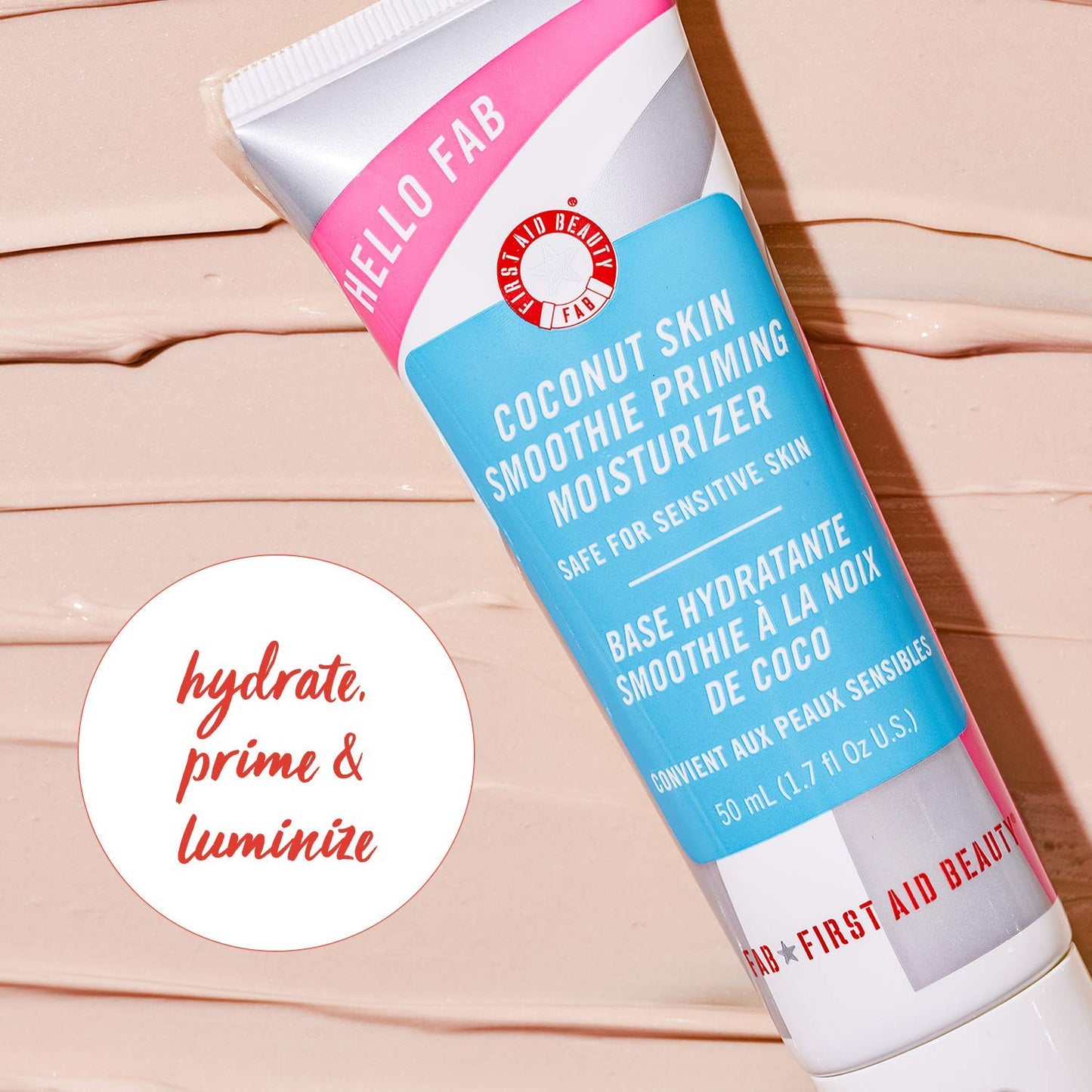 First Aid Beauty Hello FAB Coconut Skin Smoothie Priming Moisturizer, 2-in-1 Moisturizer and Makeup Primer – 1.7 Oz.