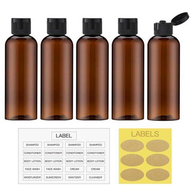 LISAPACK 3.4Oz Travel Bottles with Flip Cap (5 Pcs) Empty Dispenser Container for Travel Size Cosmetics (100ml, Brown)