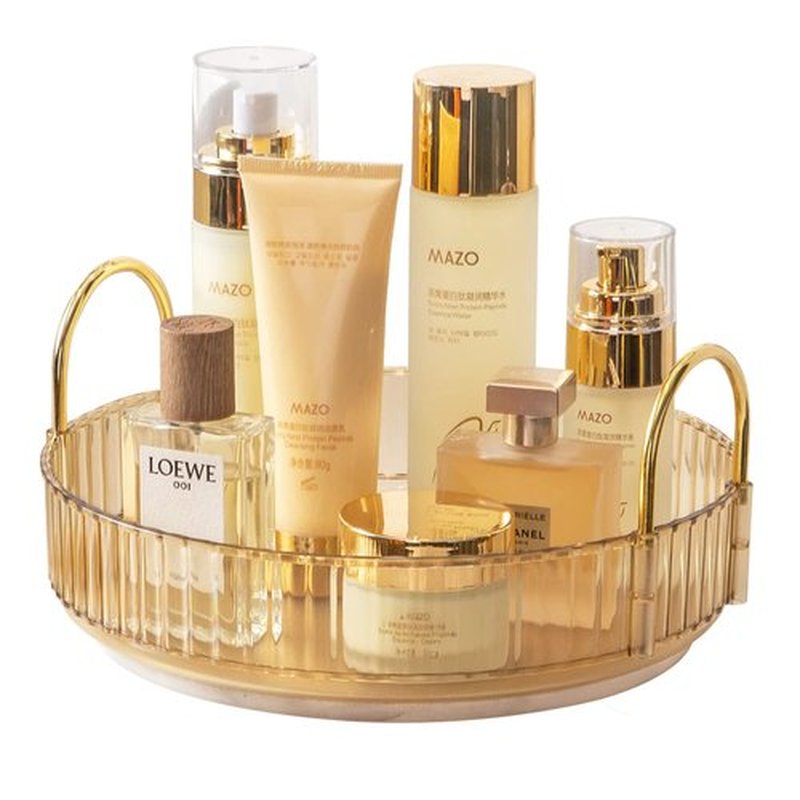 shuang qing Lazy Susan Rotating Makeup Organizer for Vanity, High-Capacity Skincare Clear Make Up Storage Perfume Organizers Cosmetic Dresser Organizer Countertop 360 Spinning（1 Tier-Gold）