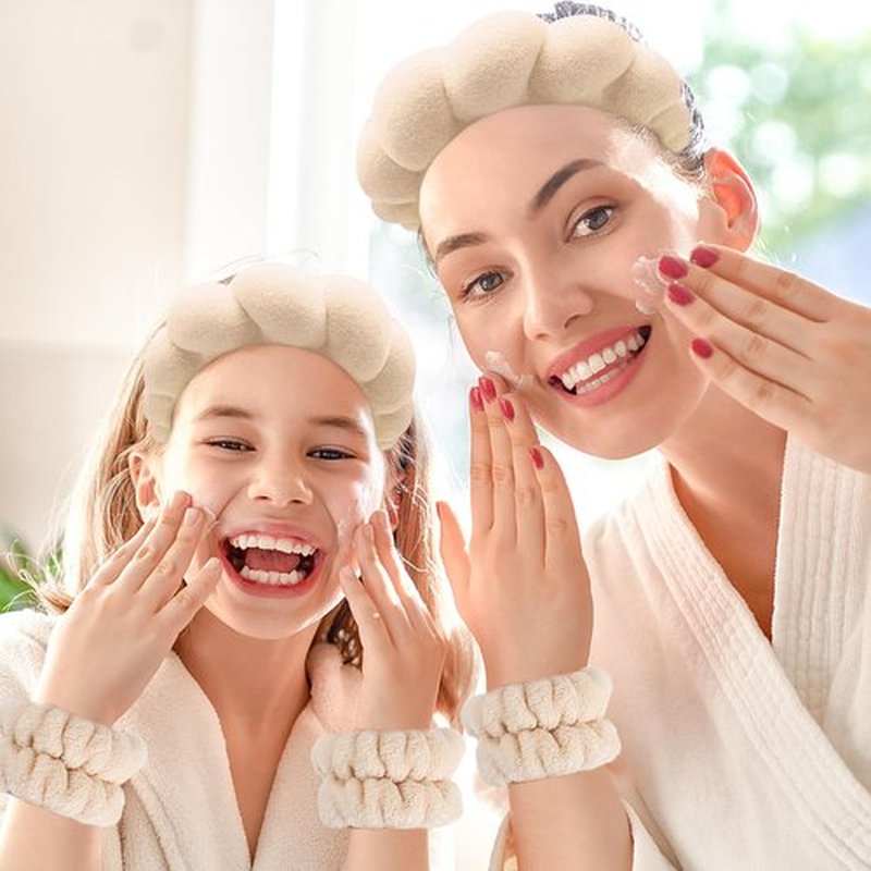 Zkptops Spa Headband for Women Sponge Makeup Skincare Headband Washing Face Wristband Set Terry Cloth Bubble Soft Get Ready Hairband Puffy Padded Headwear Non Slip Thick Hair Accessory(Beige)