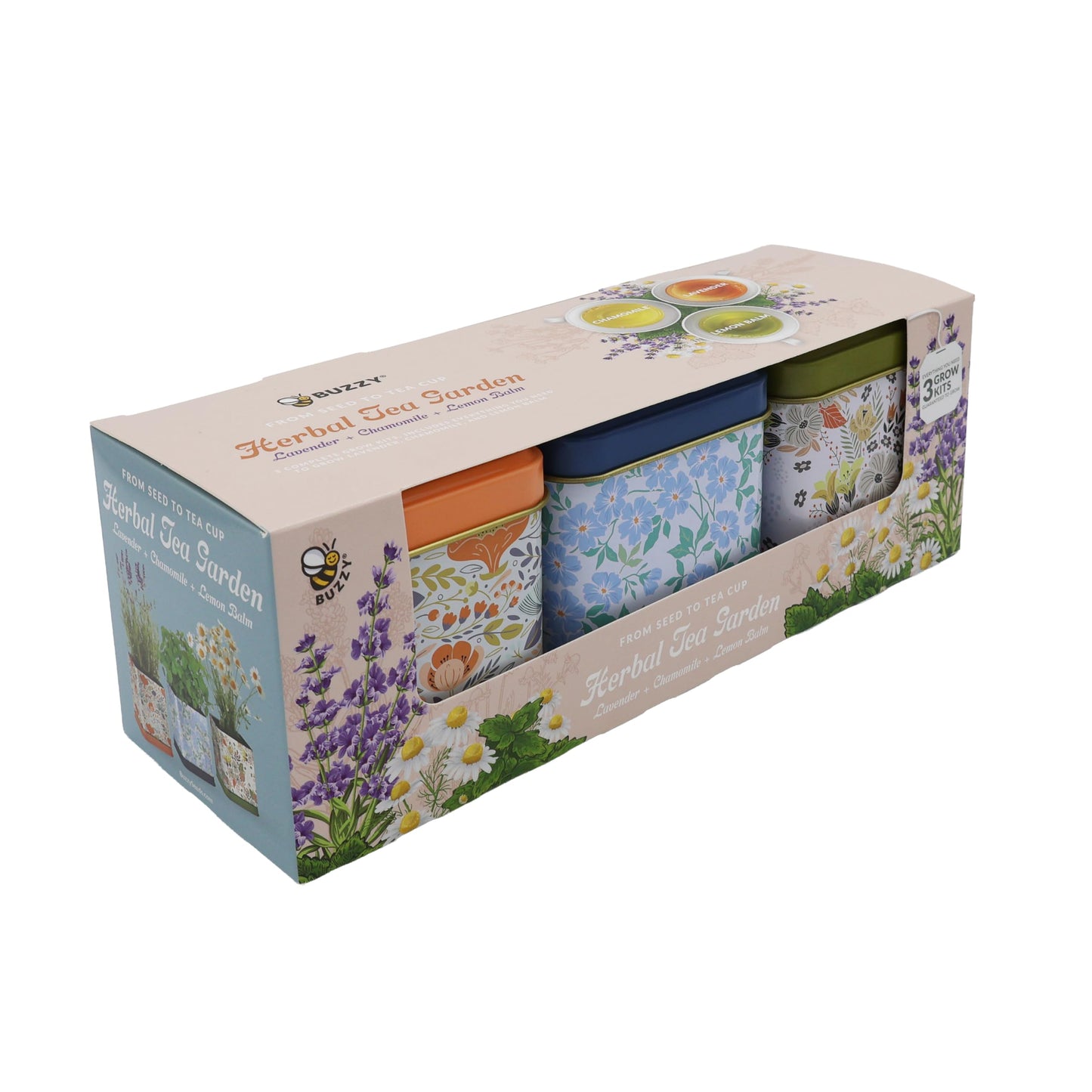 Buzzy Seeds Herbal Tea Garden Grow Kit 3-Pack - Metal Windowsill Planter - Complete Indoor/Outdoor Gardening Kit with Seeds, Coconut Husk Growing Medium & Genuine Pots - 100% Grow Guarantee
