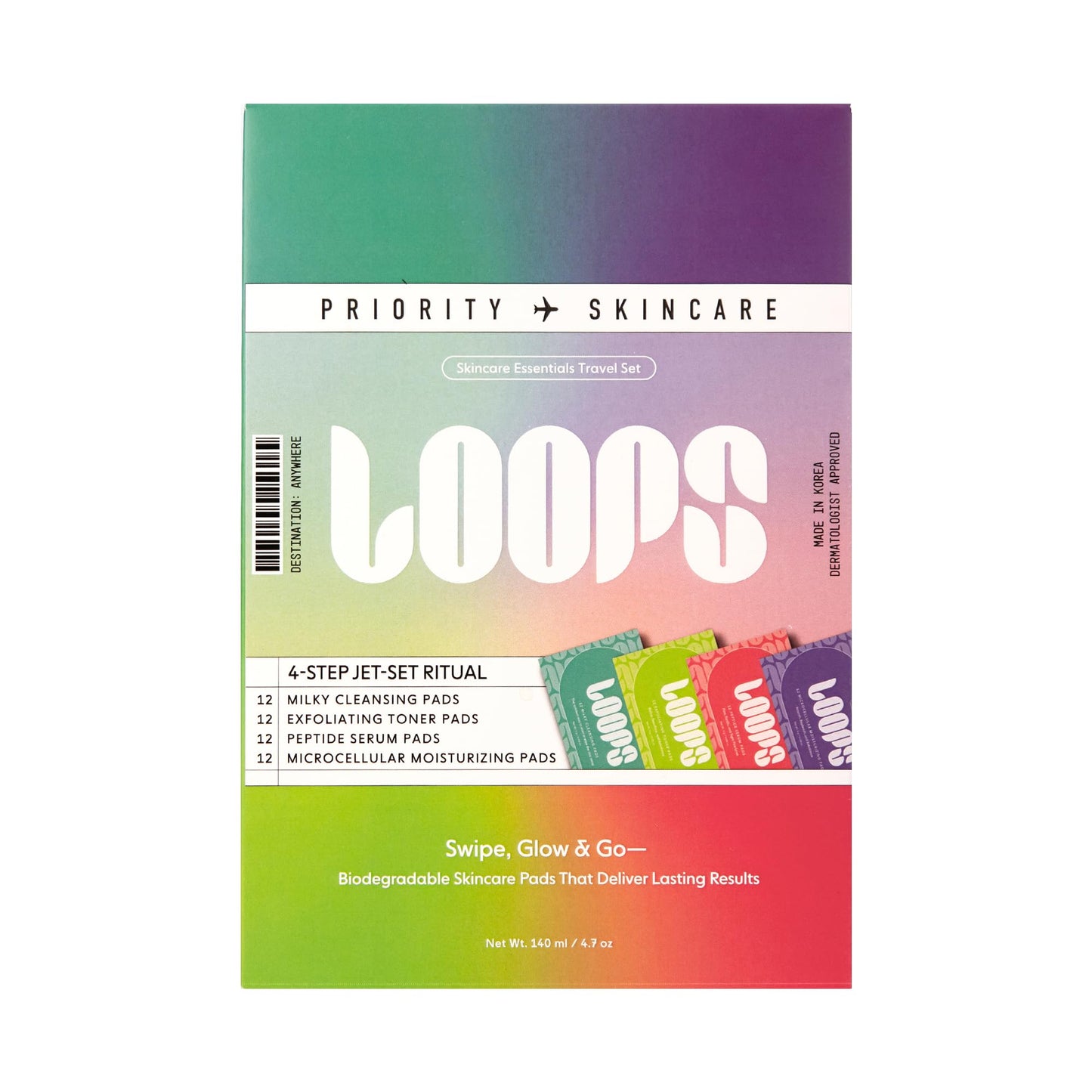 LOOPS 4-Step Korean Skincare Essentials Kit with 12 Travel Vegan, Natural, Biodegradable Gentle Skincare Pads Each - Moisturizer, Toner, Peptide, and Milky Cleanser - Pre-soaked Bamboo Pads - 48