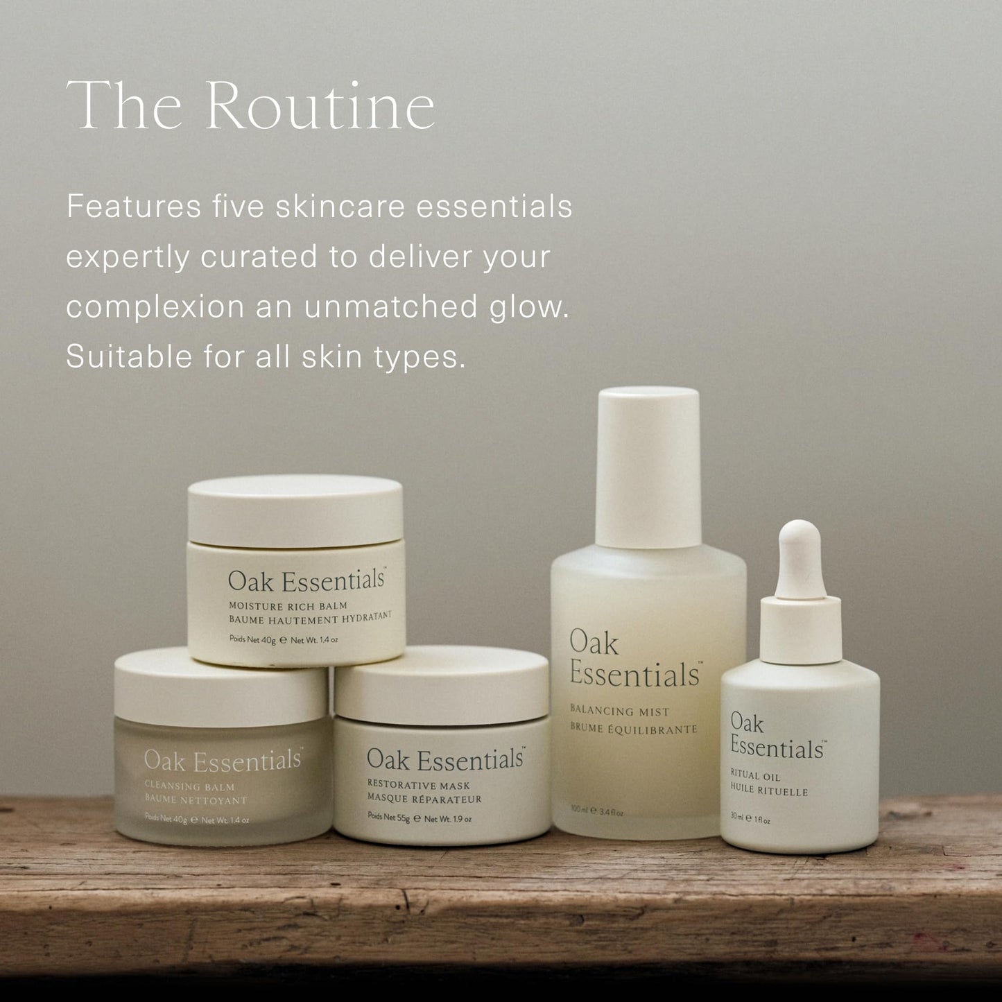 Oak Essentials The Routine Face Skincare Set, 5-Piece Routine: Cleansing Balm, Restorative Mask, Balancing Mist, Ritual Oil and Moisture Rich Balm, Beauty Gift Set for Women, Full Sizes