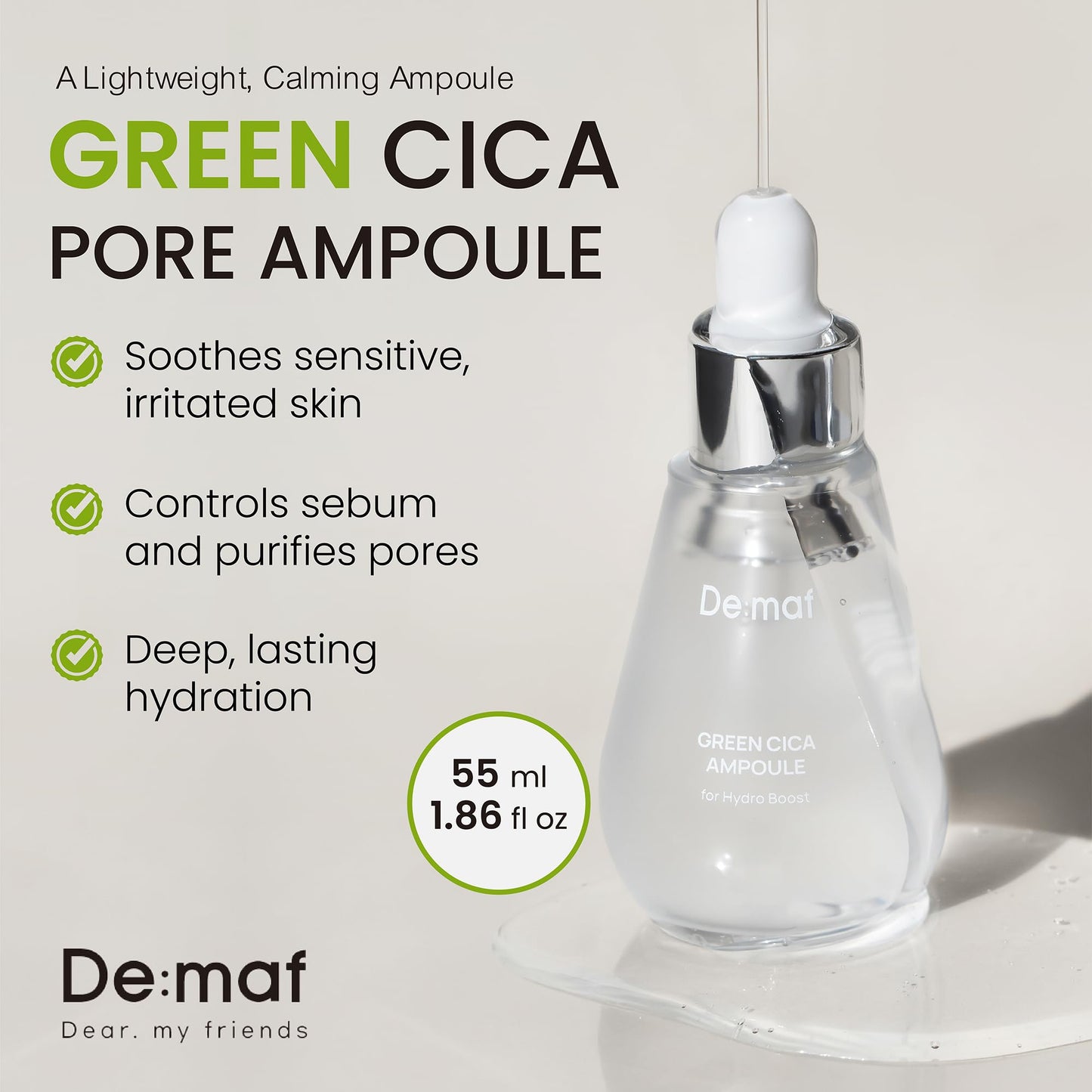 Green Cica Ampoule with 72% Green Tea, Cica & 8-Layer Hyaluronic Acid | Soothing & Sebum Control Pore Serum for Blackheads and Enlarged Pores | For Oily & Combination Skin (1.69 fl oz)