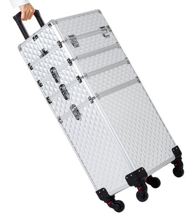 AROUS Rolling Makeup Train Case Large Storage Cosmetic Trolley 4 in 1 Large Capacity Trolley Makeup Travel Case with Key Swivel Wheels Salon Barber Case Traveling Cart Trunk, Silver
