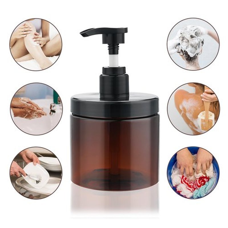 Cosywell Pump Bottle Dispenser Shampoo and Conditioner Dispenser 2 Pack 16.9oz/500ml Wide Mouth Hand Soap Dispenser Refillable Plastic Empty Liquid Container for Lotion Body Wash(Brown)