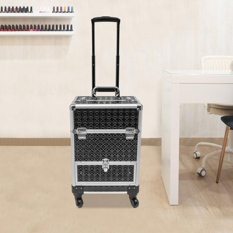 Rolling Makeup Train Case with Drawers&4 Wheel, Professional Aluminum Cosmetic Trolley Cases, Manicure Storage Case, Portable Beauty/Nail Art/Hair Styling Travelling Cart Trunk (Black+Silver)