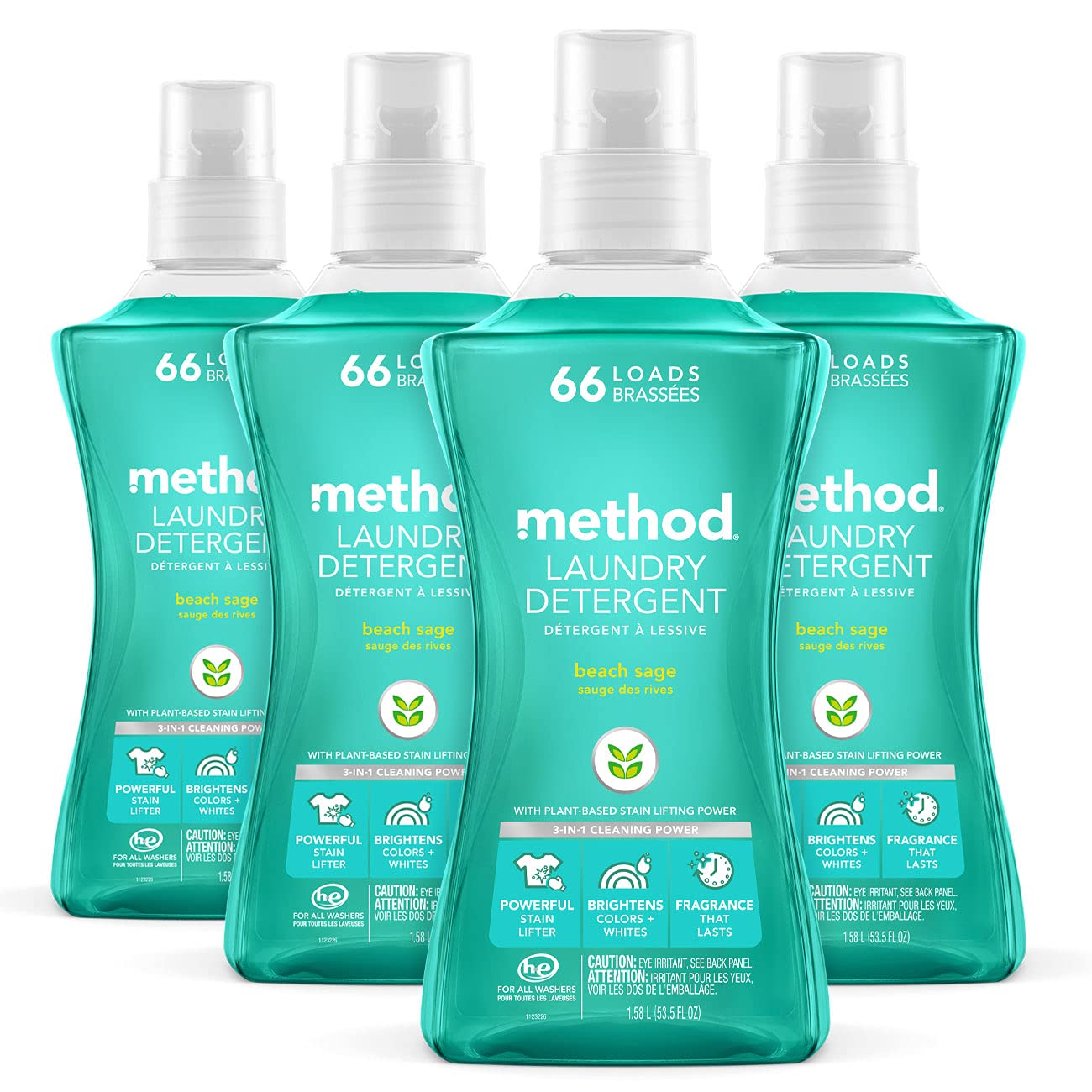 Method Liquid Laundry Detergent; Beach Sage Scent, Stain Remover; ; 66 Loads per 53.5 fl oz bottle; 4 Pack (264 Total Loads); Packaging May Vary