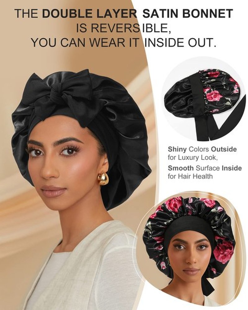 Satin Bonnet for Women Silk Bonnets for Sleeping Curly Hair Bonnet with Elastic Tie Band Reversible Double Layer Sleep Cap Hair Wrap (Black + Red Flower)