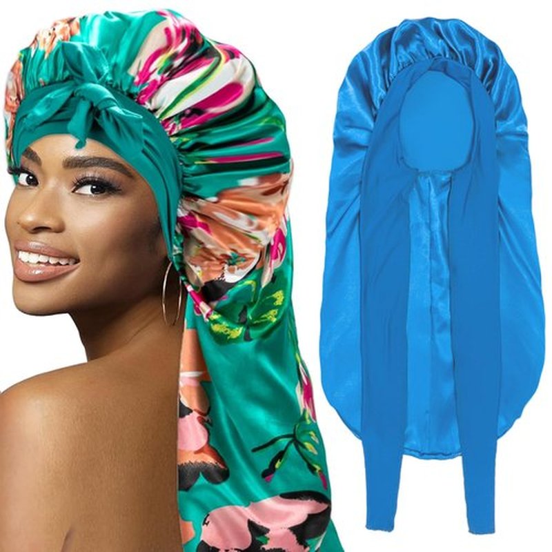 2Pcs Bonnets for Black Women Braid Bonnet, Large Long Bonnet Satin Bonnet for Braids,Black Women Silk Bonnet with Stretchy Tie Band Braid Bonnet for Sleeping Extra Long (Blue&Printing Flower) Purple