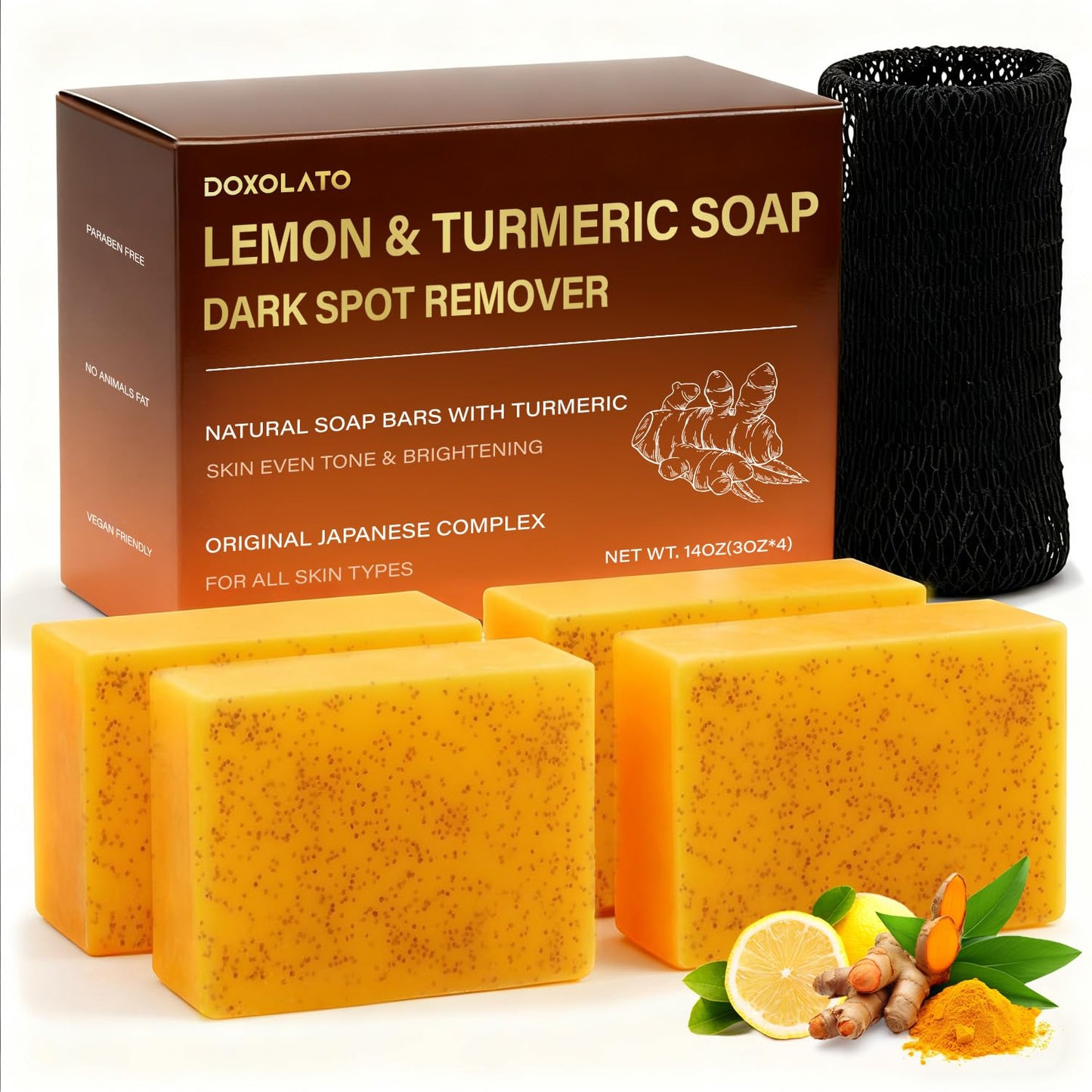 DOXOLATO Lemon Turmeric Soap Bars for Face Body - Improve Skin Texture Turmeric Soap Bar with African Net Sponge, 4 Bars