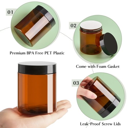 TUZAZO 8 Oz Amber Plastic Cosmetic Jars Leak Proof Container with lids for Cream, Lotion, Powder, Ointments, Beauty Products, 12 Pcs