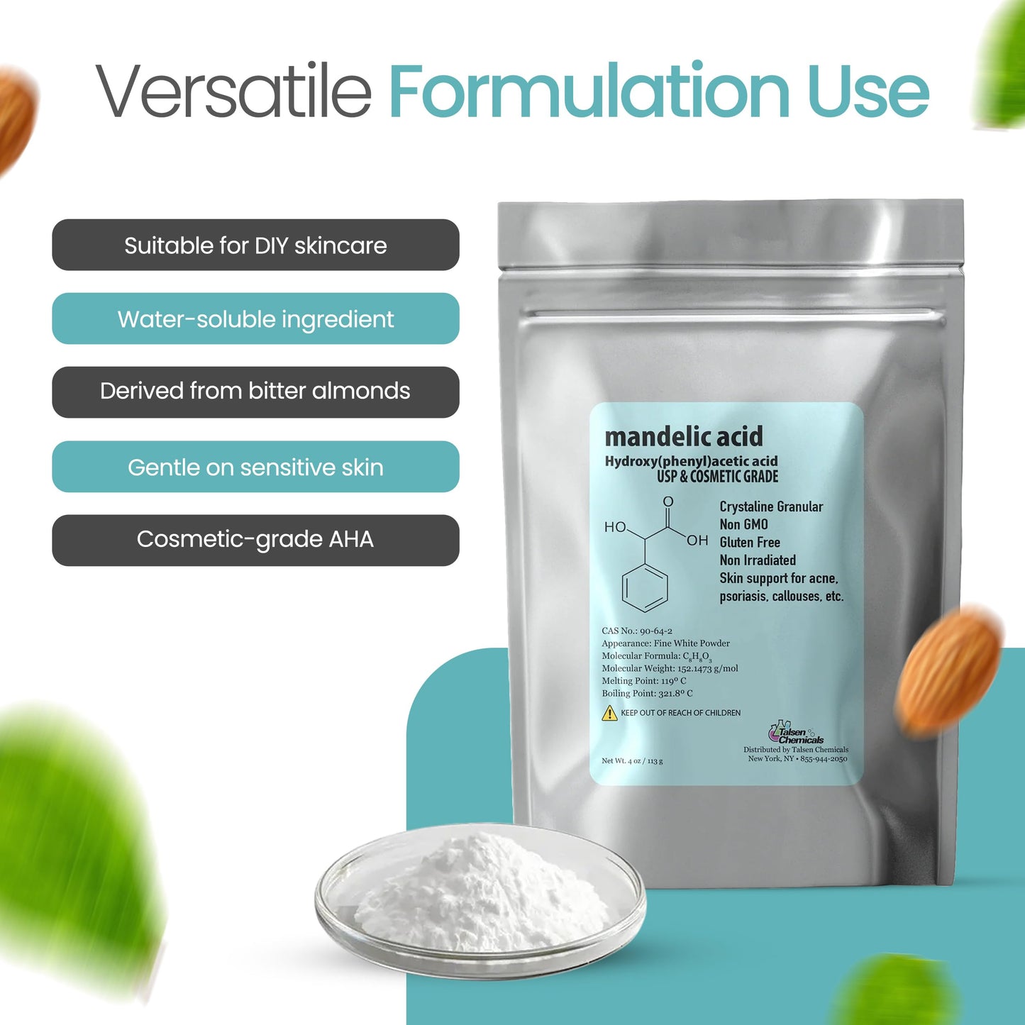 Talsen Chemicals Mandelic Acid Powder 99.9% Purity, DIY Cosmetic Grade For Mandelic Acid Serum, Peel/Mask or add to Cream, Moisturizer (8 Ounce / 226 Gram)