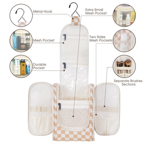 Narwey Small Hanging Toiletry Bag Women Travel Makeup Bag Organizer Toiletries Bag for Travel Size Essentials Accessories Cosmetics (Medium, Light Checkerboard-1)