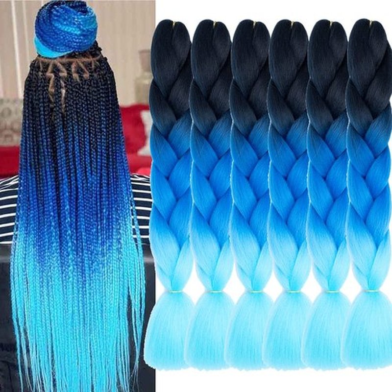 Xiaofeng Braiding Hair Extensions for Women 6 Packs 100g/Pack 24Inch High Temperature Ombre Jumbo Synthetic Braiding Hair for Twist Crochet Braids (24 Inch, black-navy blue-light blue)