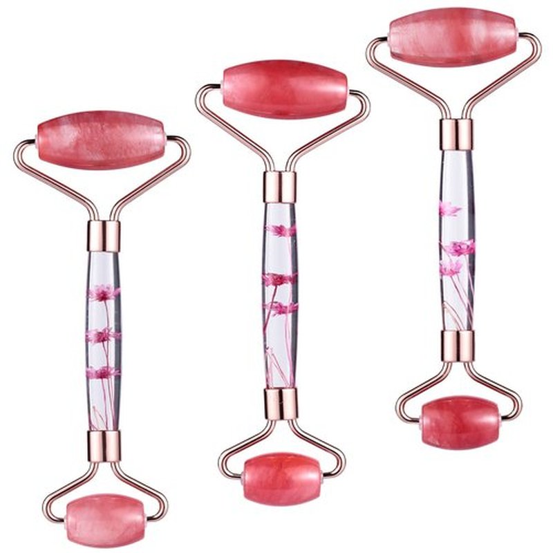 rockcloud Crystal Stone Jade Roller Massager for Face Eye Neck Facial Skin Care Tool Anti-Aging for Slimming & Firming, Cherry Quartz
