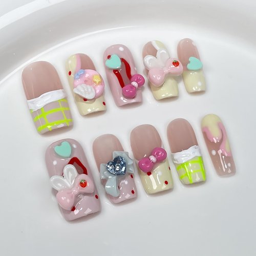 Wsliana Handmade Press On Nails - Pink Medium Length T-Shape French Design, Long-Lasting and Comfortable, 10pcs Glue On Acrylic Fake Nails with Storage Box | Stylish and Elegant (037 S)