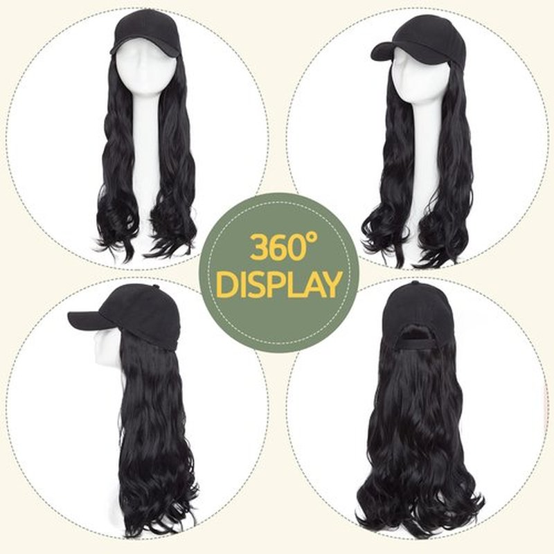 S-noilite 16" Baseball Cap with Hair Baseball Hats with Hair Attached Curly Wavy Cap Wig with Hair Extensions Adjustable Culry Baseball Hat Wig for Women (16" -Curly, Black)