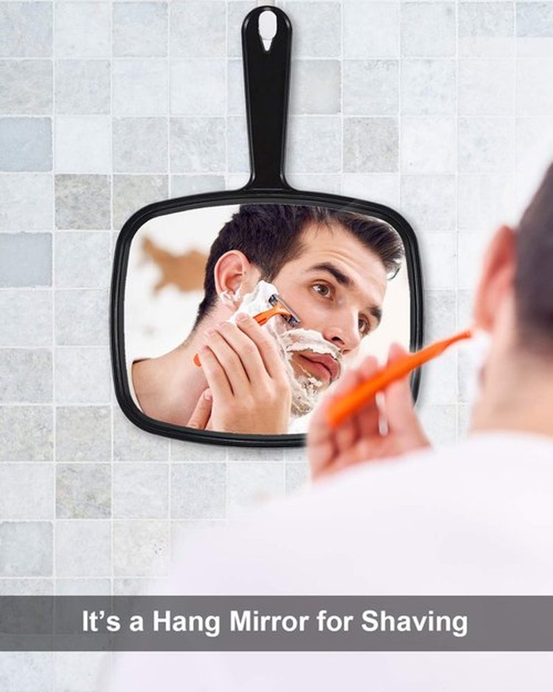 PROTECLE Large Hand Mirror, Salon Barber Hairdressing Handheld Mirror with Handle (Square Black 10.3"x7.4")