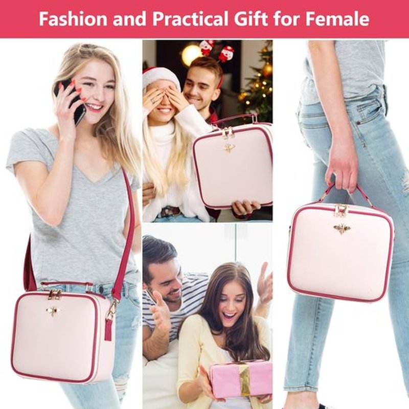 GERYUAEG Travel Makeup Bag with Mirror of LED Lighted, Rechargeable Cosmetic Train Case Artist Makeup Organizer for Women with Adjustable Dividers, Makeup Brushes Holder and Strap (White)
