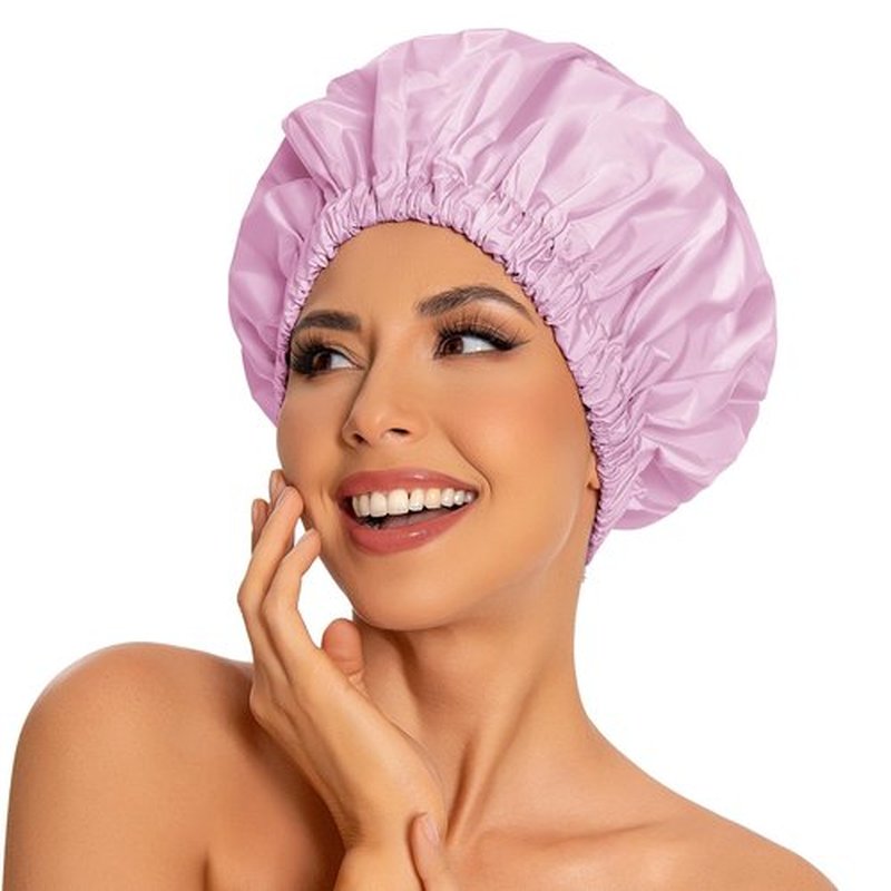 Reusable Shower Cap for Women, Large Waterproof Shower Bonnet Washable Elastic Band Bath Hair Hat for Long Hair, Braids(Purple)