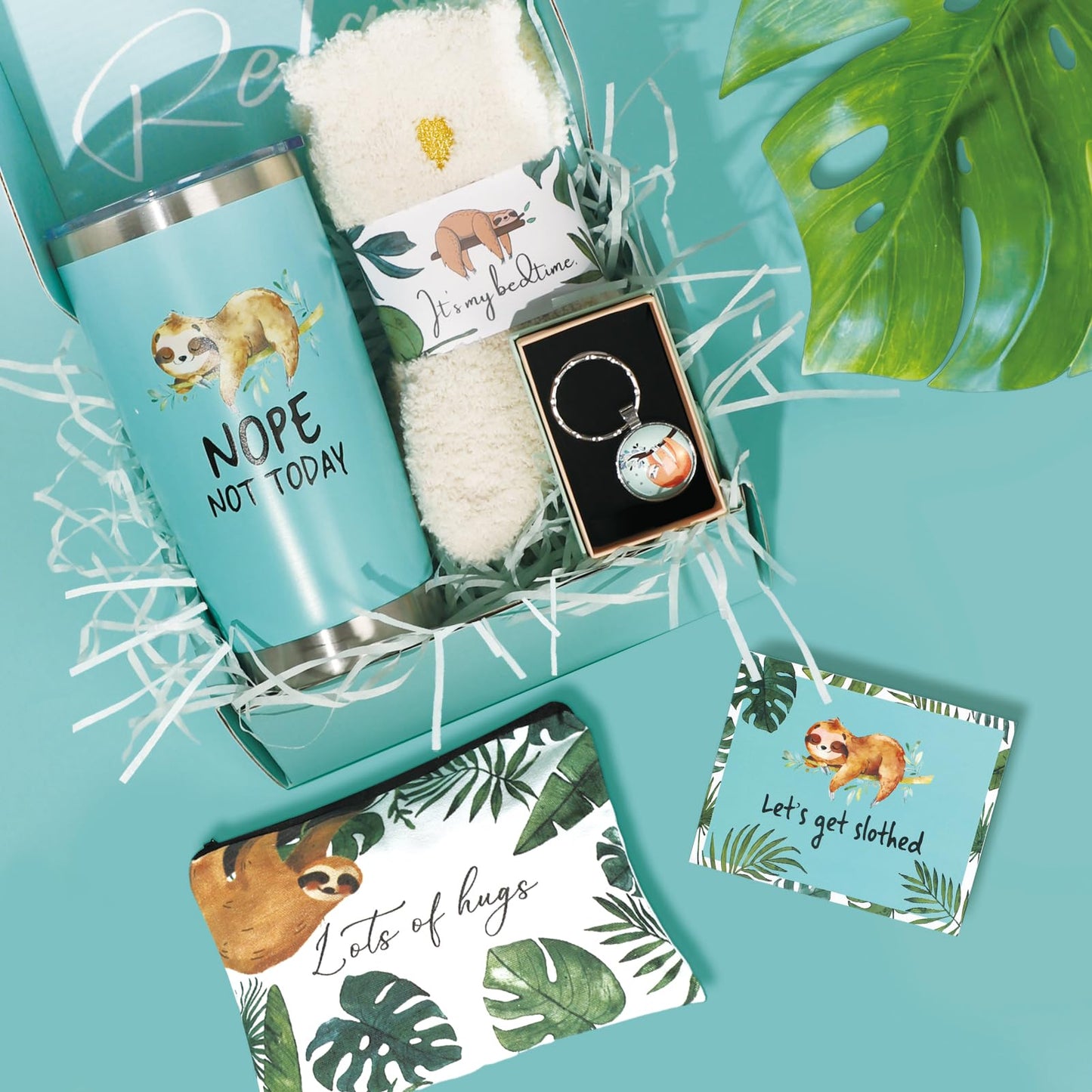 Frerdui Sloth Gifts for Women Girls, Christmas Birthday Presents Basket Stuff for her Mom Adults Girlfriend Friend Bestie Coworker - Funny Coffee Wine Tumbler Cup Mug with Socks Keychain Makeup Bag