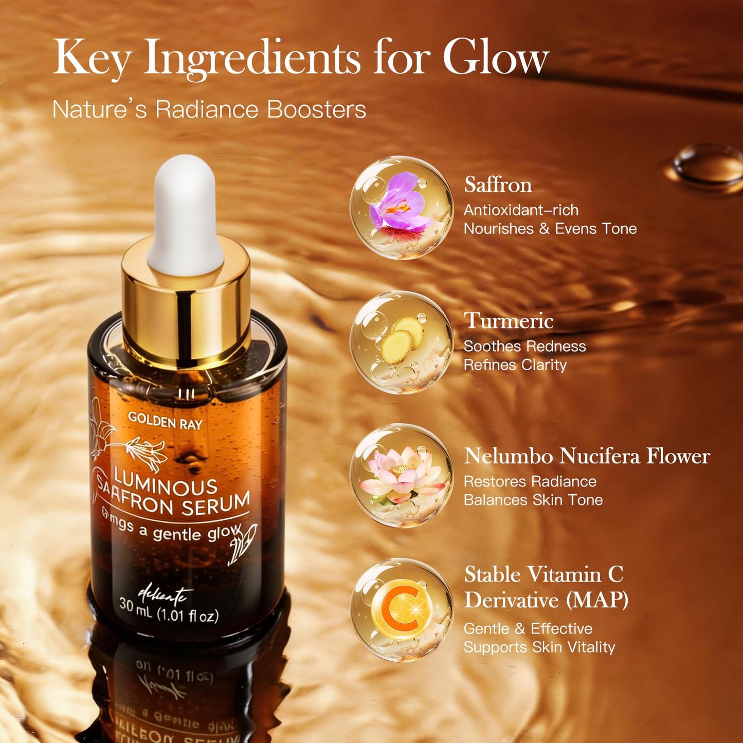 Brightening Saffron Serum,Natural Radiance Enhancer, Skin Tone Evener,Luminous Complexion,1.01 Floz