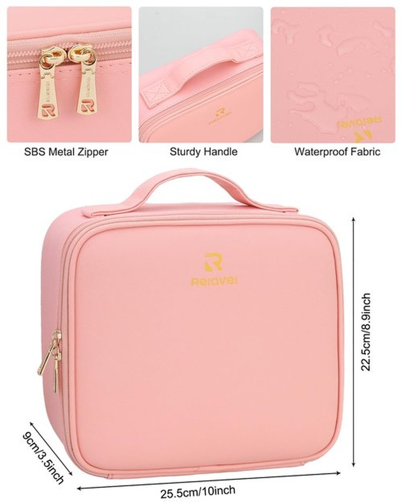 Relavel Travel Makeup Train Case Makeup Cosmetic Case Organizer Portable Artist Storage Bag with Adjustable Dividers for Cosmetics Makeup Brushes Toiletry Jewelry Digital (Pink with plastic dividers)