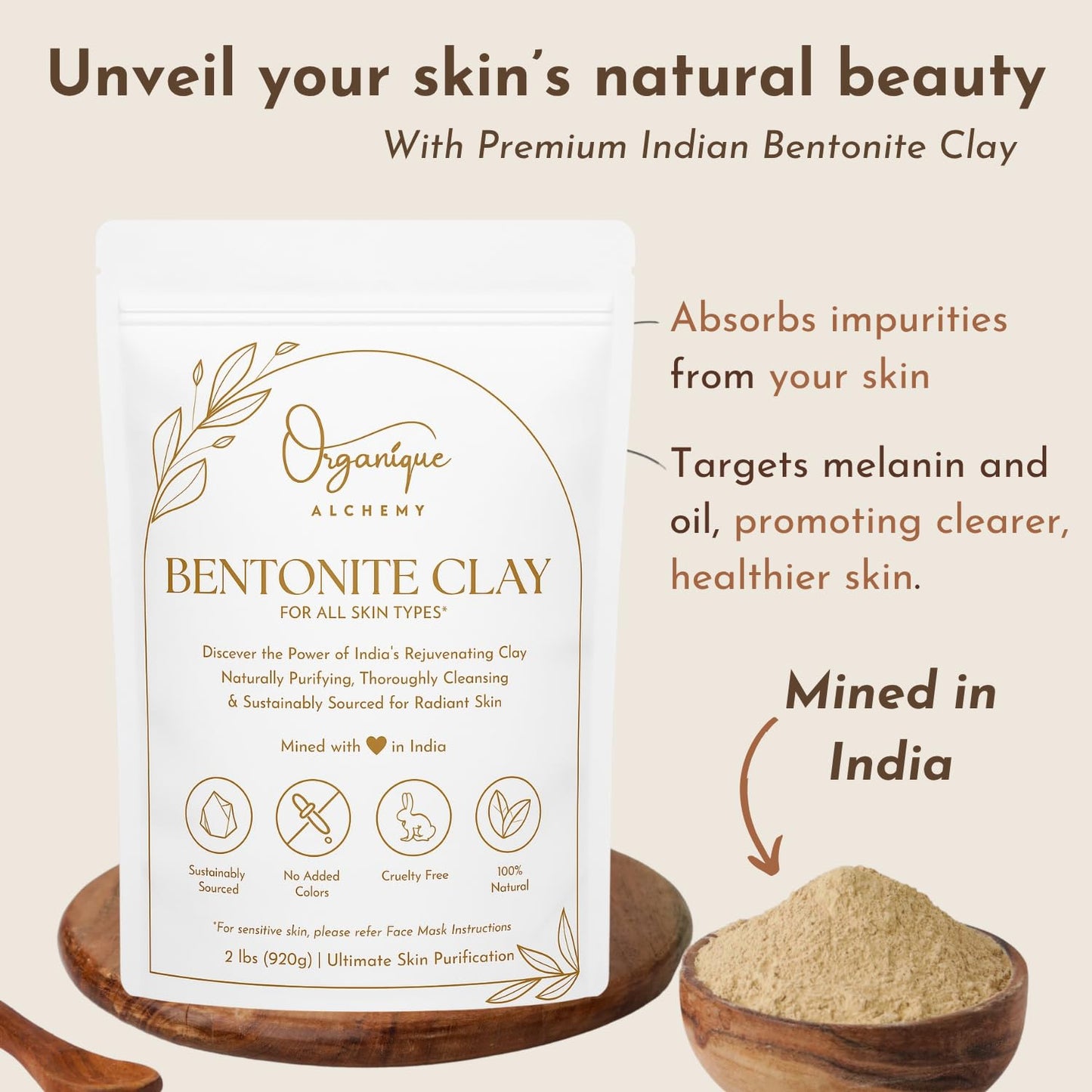 Organique Alchemy - Bentonite Clay Powder For Face, Body & Hair, Deep Pore Cleansing & Detox, Indian Healing Calcium & Sodium Clay, For Masks & Bath 8 oz (227g)