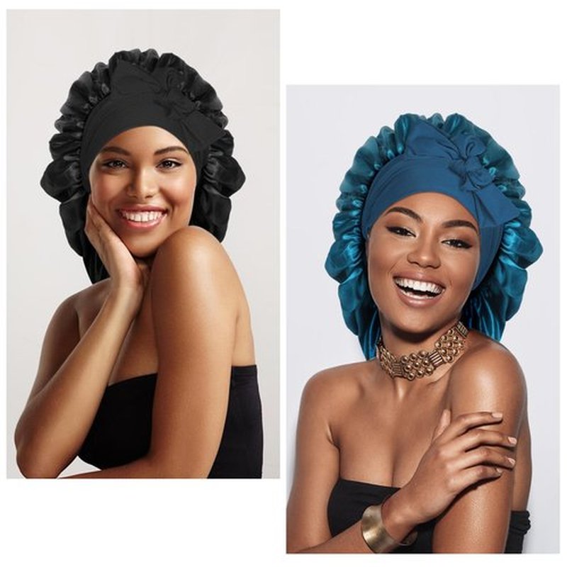 Arqumi 2 Pcs Satin Silk Bonnet for Sleeping Women, Large Long Strap Tie Band Adjustable Sleep Night Cap Hair Bonnet Wrap for Men, Black+Hole Blue