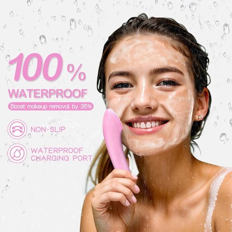 PRITECH Silicone Face Scrubber, Rechargeable Facial Cleansing Brush with Heat Massage End, Vibrating Exfoliating Face Scrubber for Women and Men, Waterproof Facial Scrubber for Deep Cleansing (Pink)