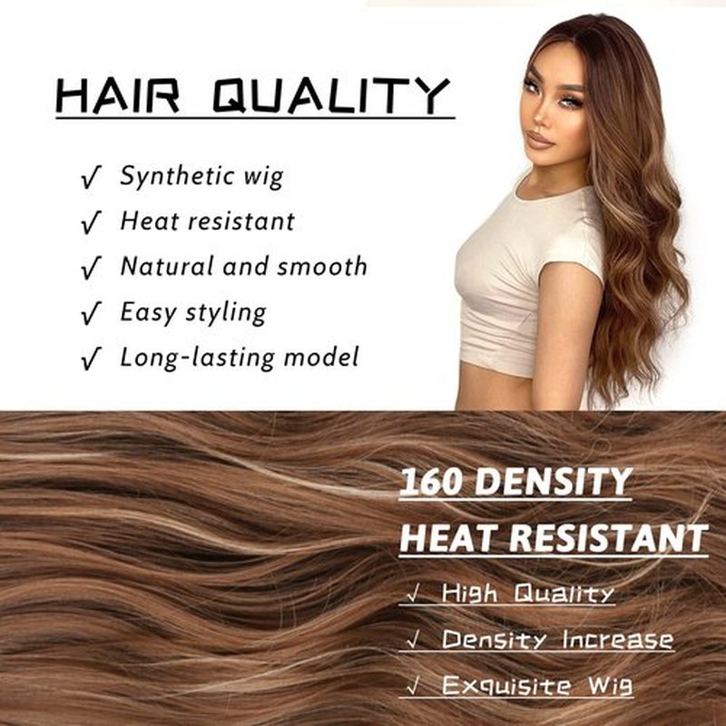 LINGHANG Long Ombre Brown Wavy Wig for Women 26 Inch Middle Part Brown Highlight Wigs Natural Looking Synthetic Heat Resistant Fiber Light Brown Curly Wig for Daily Party Use (Brown Highlight)