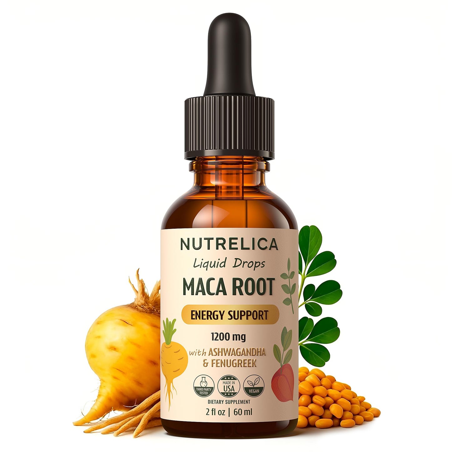NUTRELICA Maca Root with Ashwagandha & Fenugreek – Herbal Wellness & Vitality Support – 1200mg, No Sugar, Vegan, Non-GMO