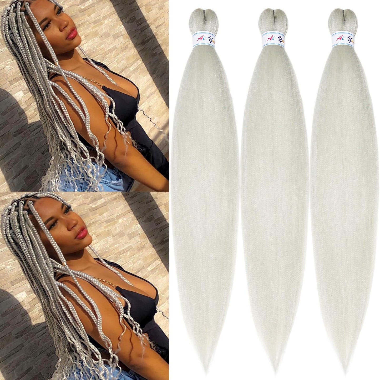 Silver Grey Braiding Hair Pre Stretched Kanekalo Gray Braiding Hair Extensions for Braiding Box Braids Micro Crochet Long Jumbo Knotless Kids Pre Curled Prestressed Braiding Hair 26 inch 3 packs