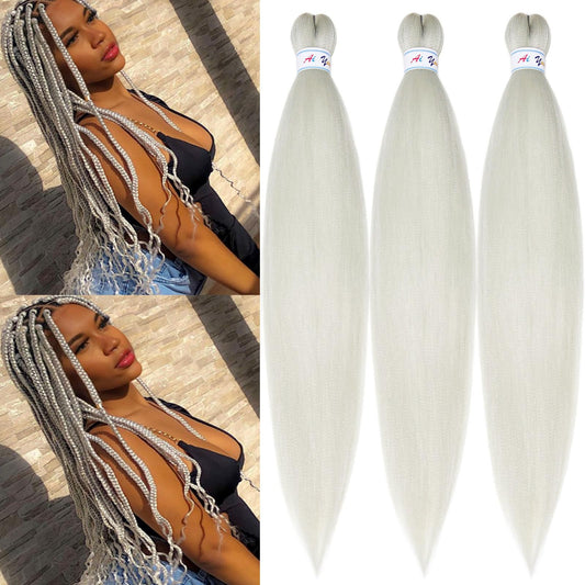 Silver Grey Braiding Hair Pre Stretched Kanekalo Gray Braiding Hair Extensions for Braiding Box Braids Micro Crochet Long Jumbo Knotless Kids Pre Curled Prestressed Braiding Hair 26 inch 3 packs