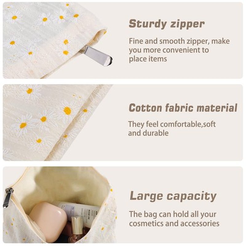 ZLFSRQ Daisy Flower Makeup Bag Travel Cute Floral Cosmetic Bags for Women Large White Makeup Pouch Zipper Cosmetic Pouch for Purse Aesthetic Makeup Organizer Bag Portable Toiletry Bag