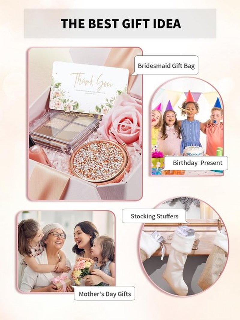 Getinbulk Compact Mirror for Purse, Double-Sided 1X/2X Magnifying Round Metal Pocket Makeup Mirrors(Rose Gold, Mix Diamond)