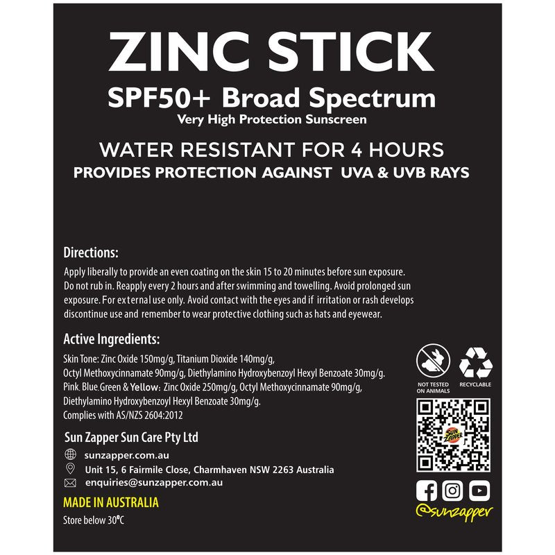 Sun Zapper Zinc Stick Mineral Sunscreen (Light Skin Tone, Pink, Blue, Green, Yellow) SPF 50+ Water Resistant for Face & Body, Adults, Kids, 8-Pack Broad Spectrum Sun Block, Made in Australia