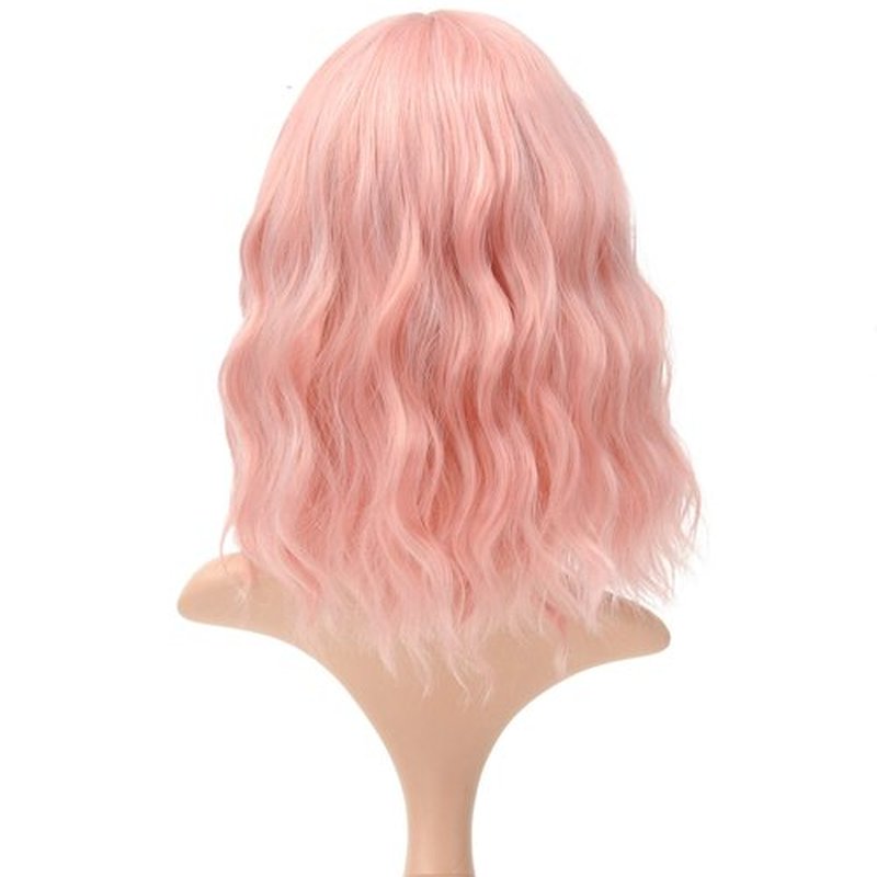 VCKOVCKO Natural Wavy Pastel Pink Wig Colorful Wigs With Air Bangs Short Bob Wigs Women's Shoulder Length Wigs Curly Wavy Synthetic Cosplay Wig Bob Wig for Girls(12", Lovely Pink)