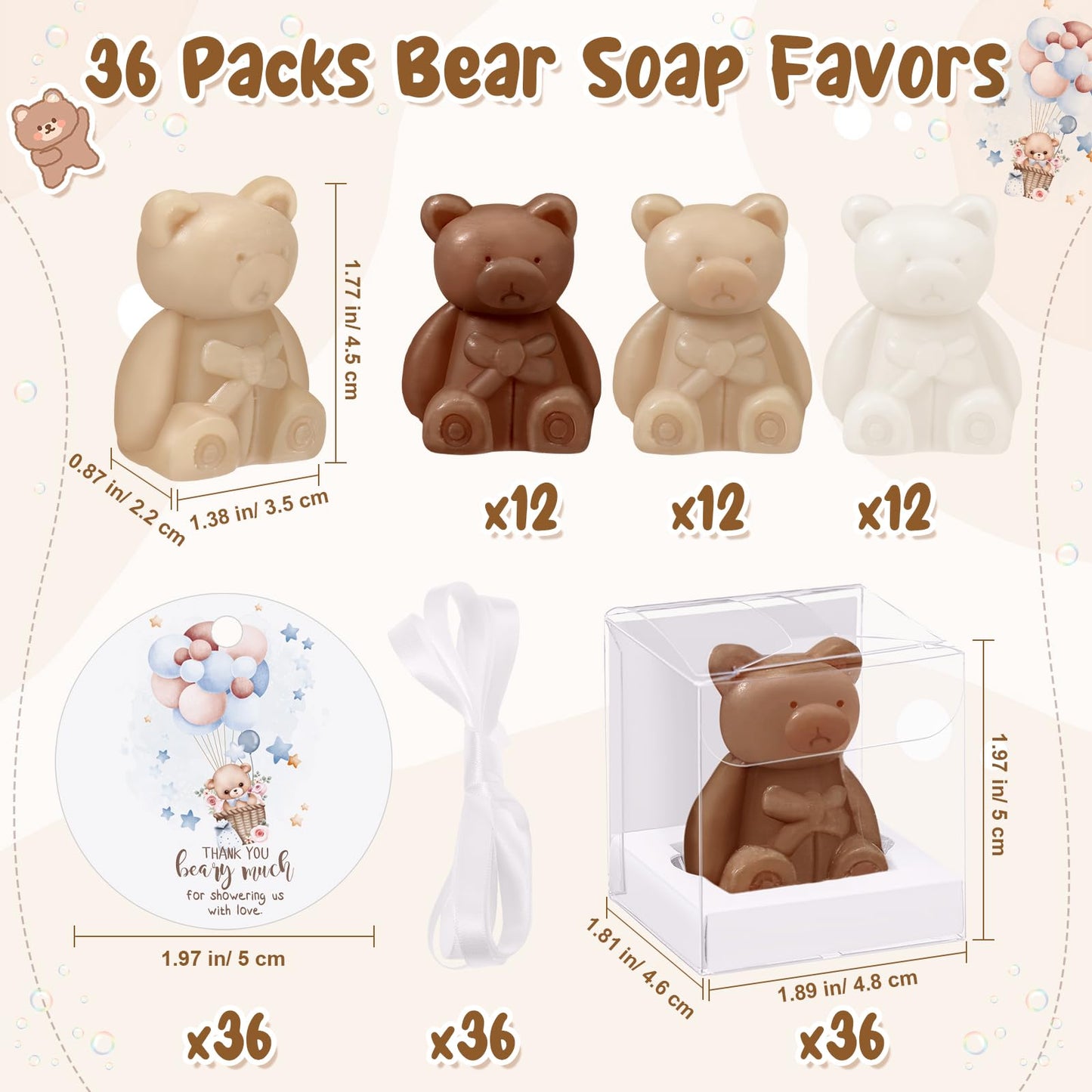 Geosar 36 Pack Wedding Favors Bear Soap Gift with Thank You Cards and Boxes for Baby Shower Decoration Guest Gift Engagement Party Bridal Favors Supplies(White Brown)