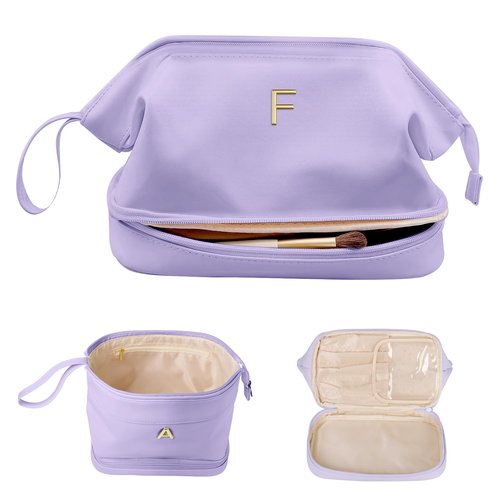 Vogewood Initial Makeup Bag, Daughter Gifts, Personalized Double Layer Cosmetic Bag with Makeup Brush Organizer, Waterproof, Large Capacity PU Leather Travel Toiletry Bag Cute Things for Girls