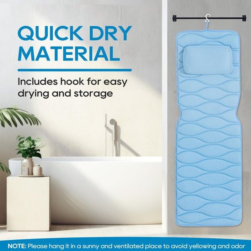 Full Body Bath Pillow, Bath Pillows for tub with Mesh Washing Bag & 21 Non-Slip Suction Cups, Spa Bathtub Pillow for Head Neck Shoulder and Back Support - 5D Air Mesh & Quick Drying | Blue