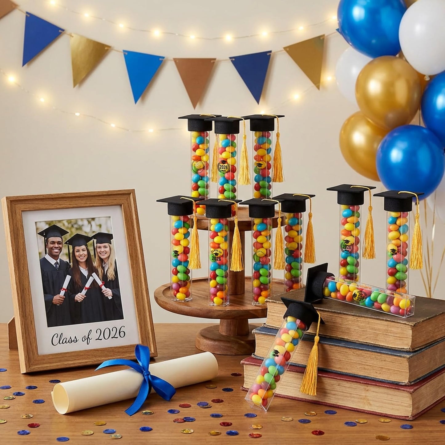 janbrm 2026 Graduation Candy Tubes 50 Pcs Graduation Candy Containers and 50 pcs Mini Caps Grad Cap Candy Box with Stickers Graduation Supplies Graduation Party Favors (Black)