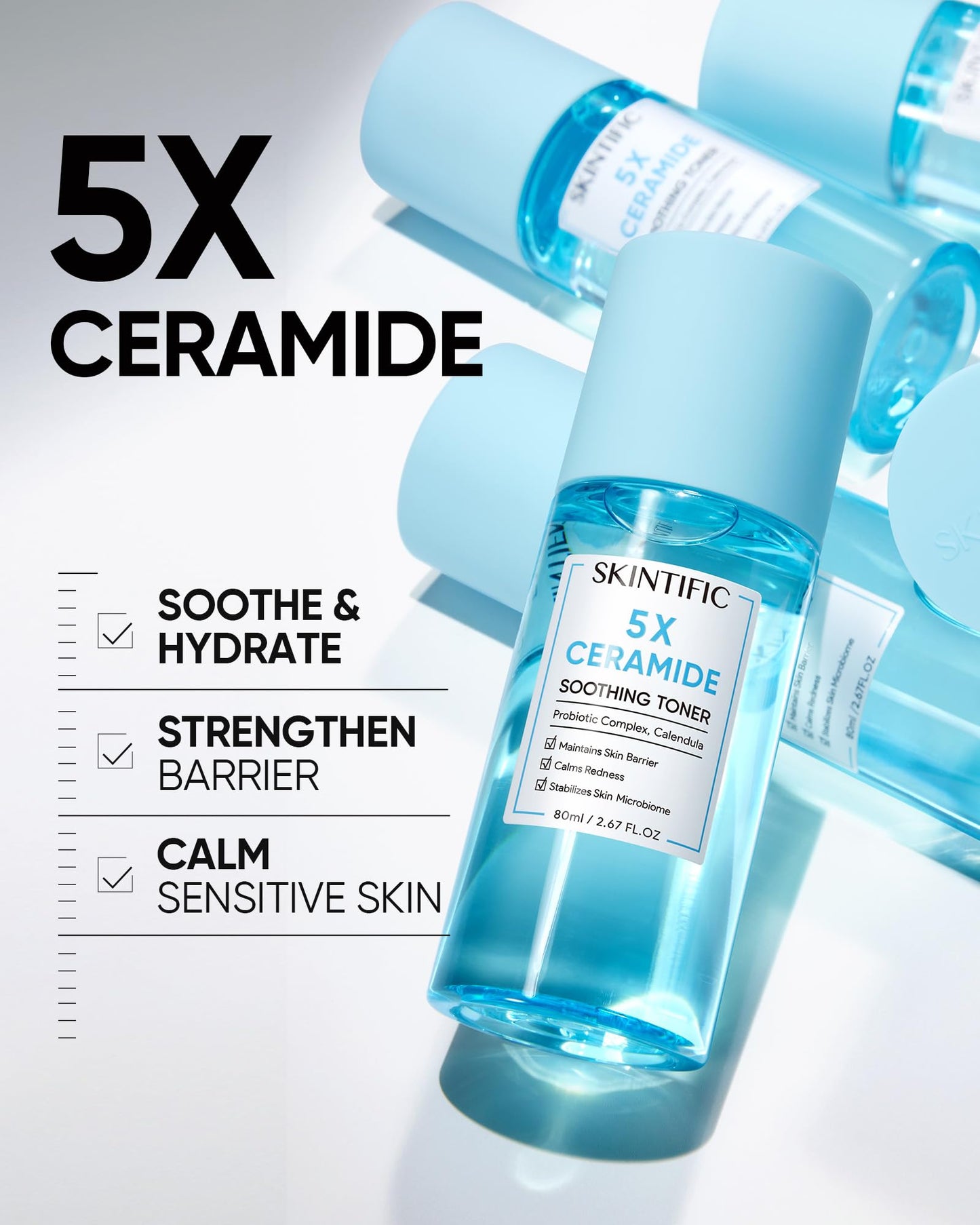 SKINTIFIC 5X Ceramide Soothing Toner, Hydrating Skin Barrier Repair Calms Redness Facial Toner with Probiotics & Calendula for Sensitive & Dry Skin, Non-Alcohol, Cruelty-Free, Vegan Skincare