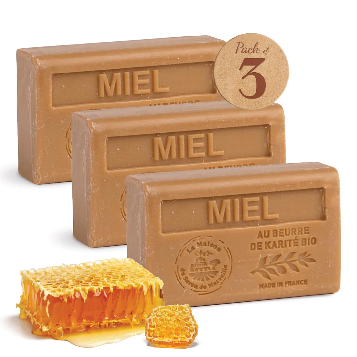 La Maison du Savon - Honey Soap Bar Trio - Moisturizing Hand & Body Soap Bars with Organic Shea Butter - Rich Creamy Lather - French Soap Made in Provence - 97% Natural Ingredients - 3x4.4 oz